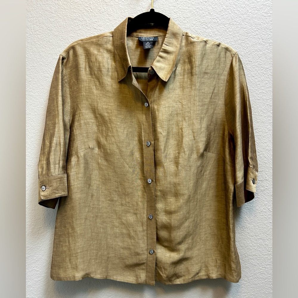 Lafayette 148 Bronze Green Linen Silk Button Up Blouse 3/4 Sleeve Size 10